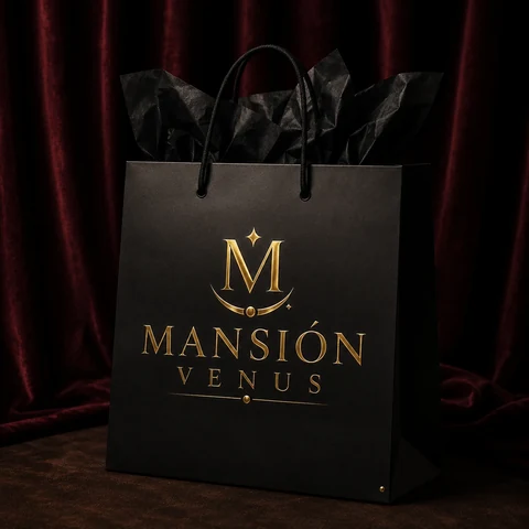 Bolsa de regalo negra con logo dorado Mansión Venus